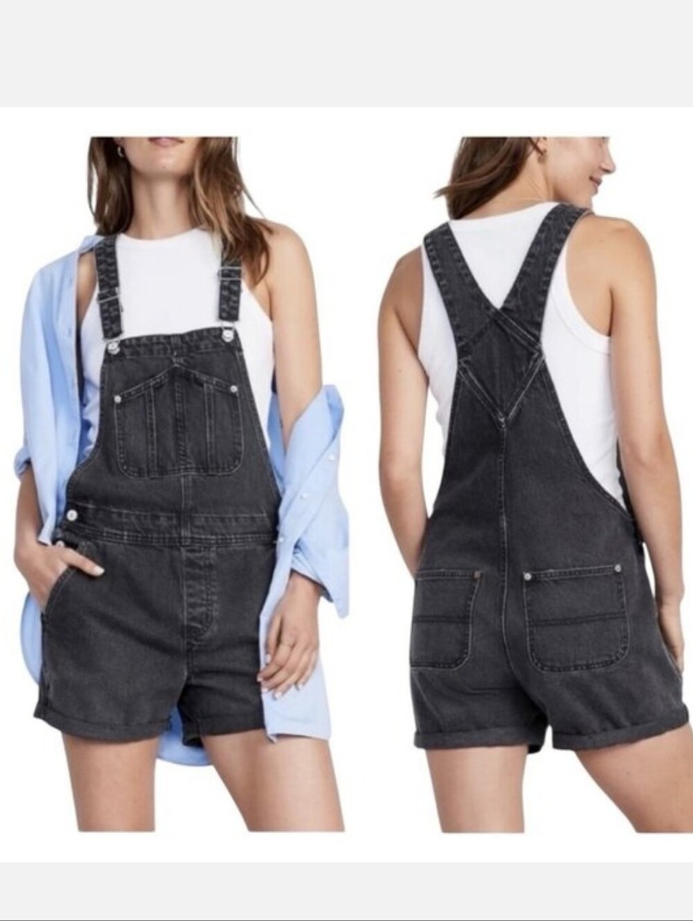 Old Navy Slouchy Shortall Overalls Cotton Shorts Washed Coal Black Denim Size XL